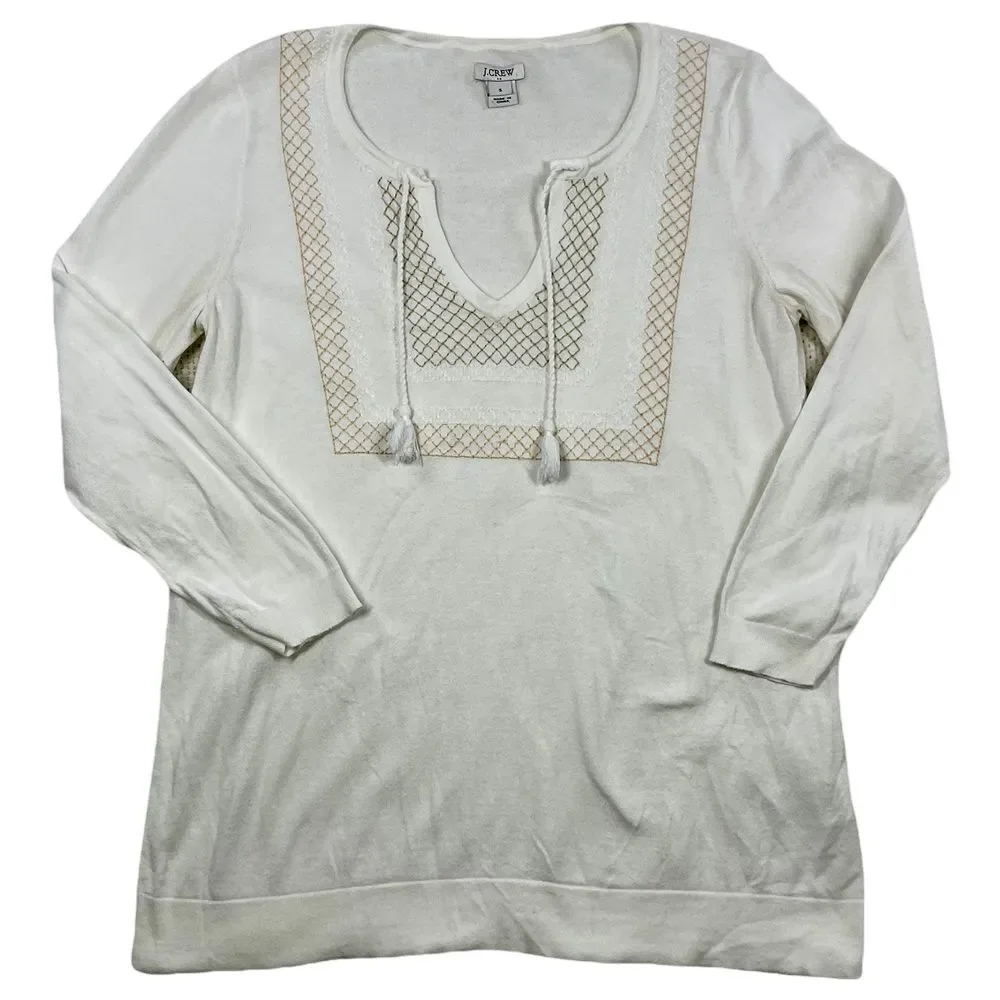 J.Crew Embroidered Tunic Top Long Sleeve Ivory Cream Cotton Blend‎ Size S